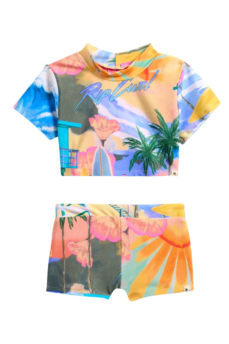 Kids' Malibu Short sleeve Two-Piece Rashguard Swimsuit, Main, color, YELLOW MULTI