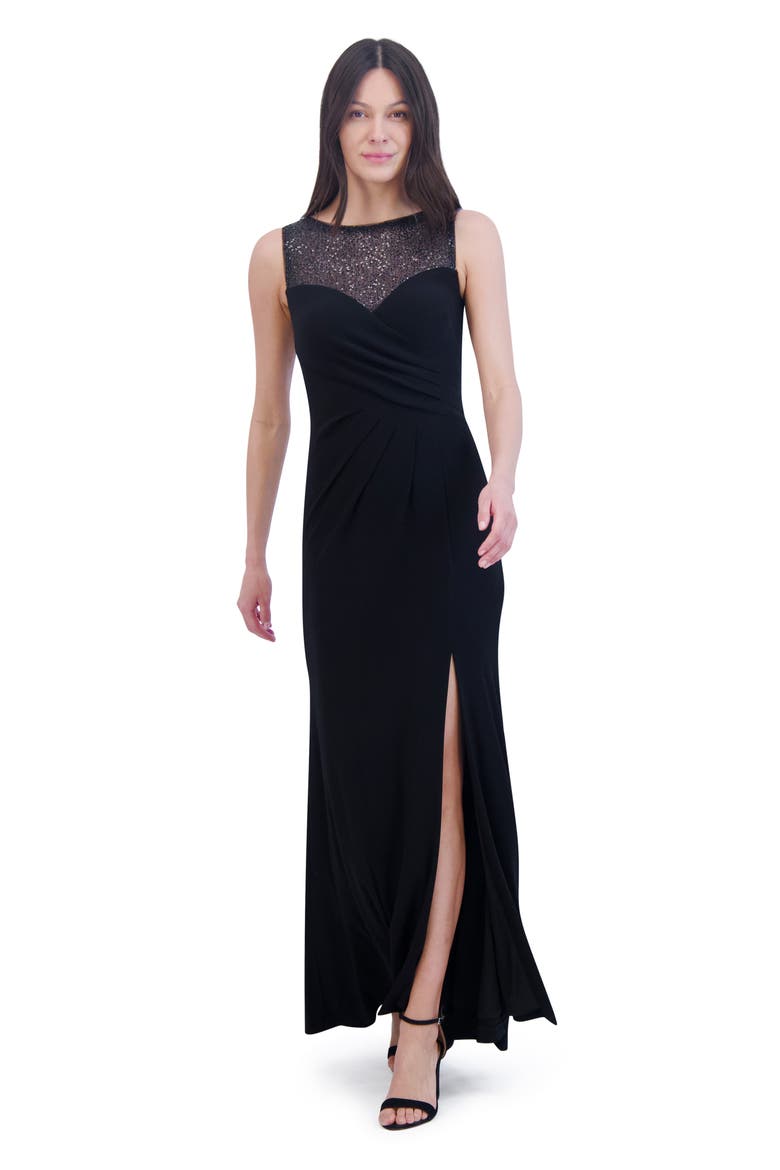 Sequin Mesh Yoke Column Gown, Alternate, color, BLACK