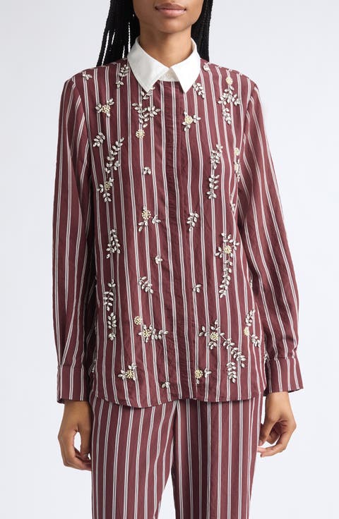 Oversize Floral Embellished Stripe Shirt