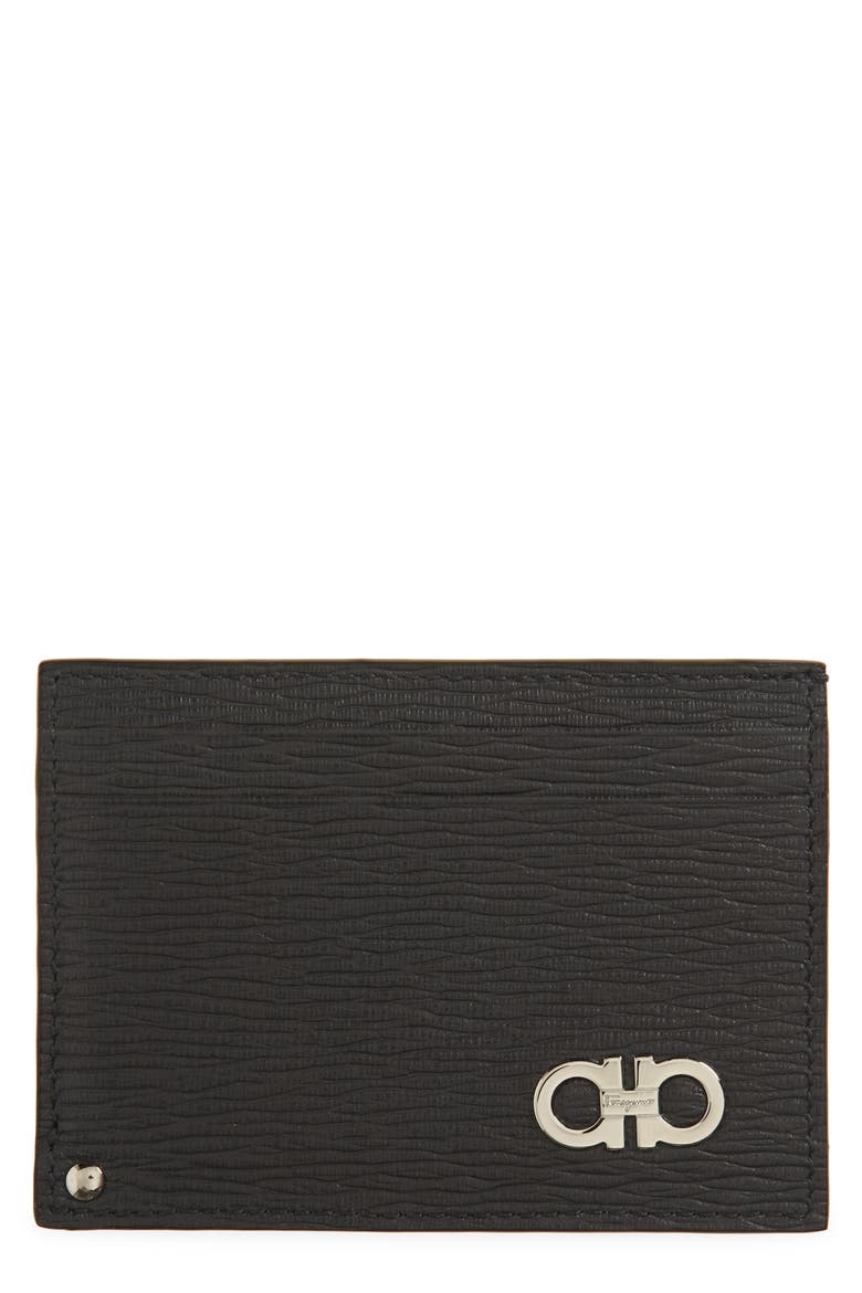 Salvatore Ferragamo Revival Leather Card Case, Main, color, WEGNER GREY/ TABACCO/ NERO