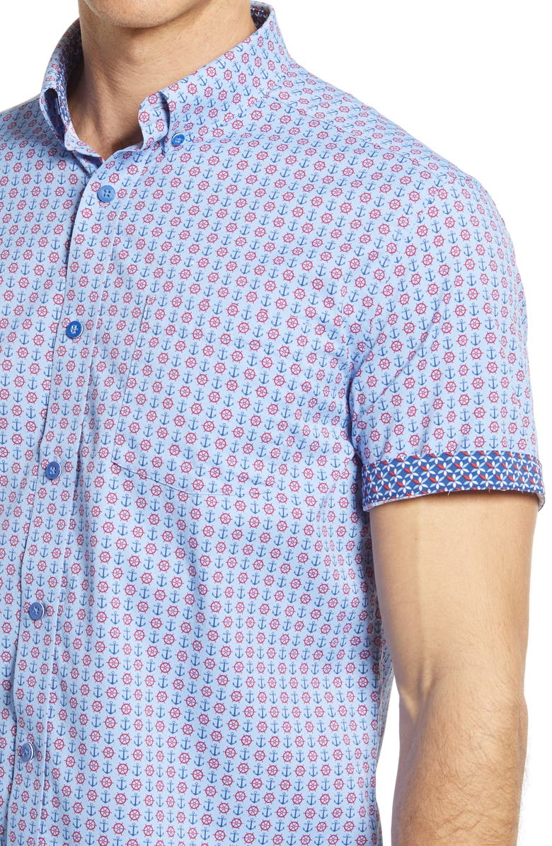 Johnston & Murphy XC4 Anchor Print Stretch Short Sleeve Button-Down Shirt, Alternate, color, 