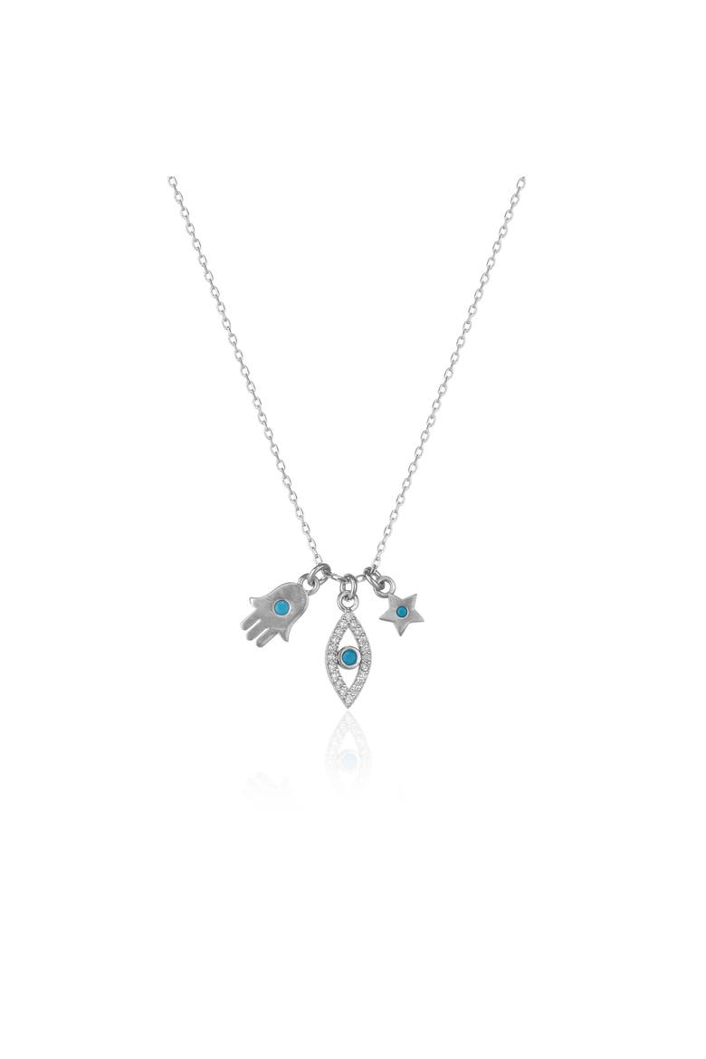 Hamsa Evil Eye Star Turquoise Sterling Silver Necklace, Main, color, Silver