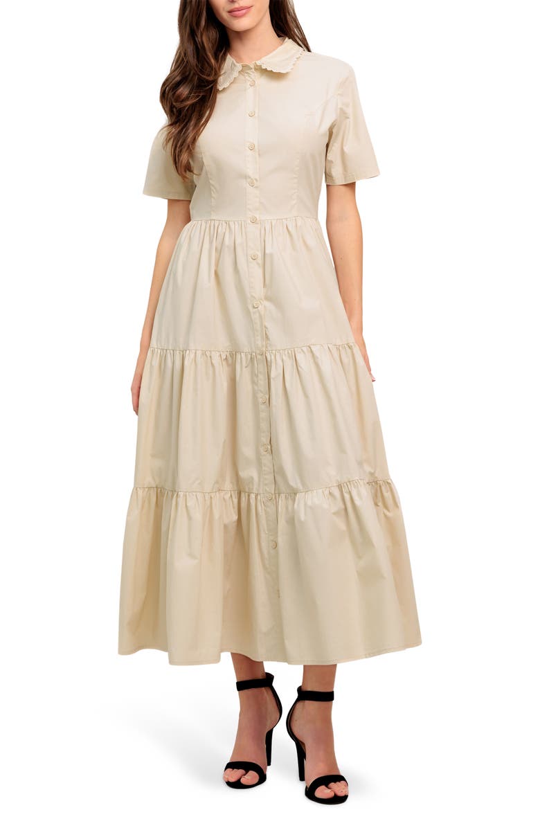 FLYING TOMATO Scalloped Collar Maxi Dress, Main, color, Beige