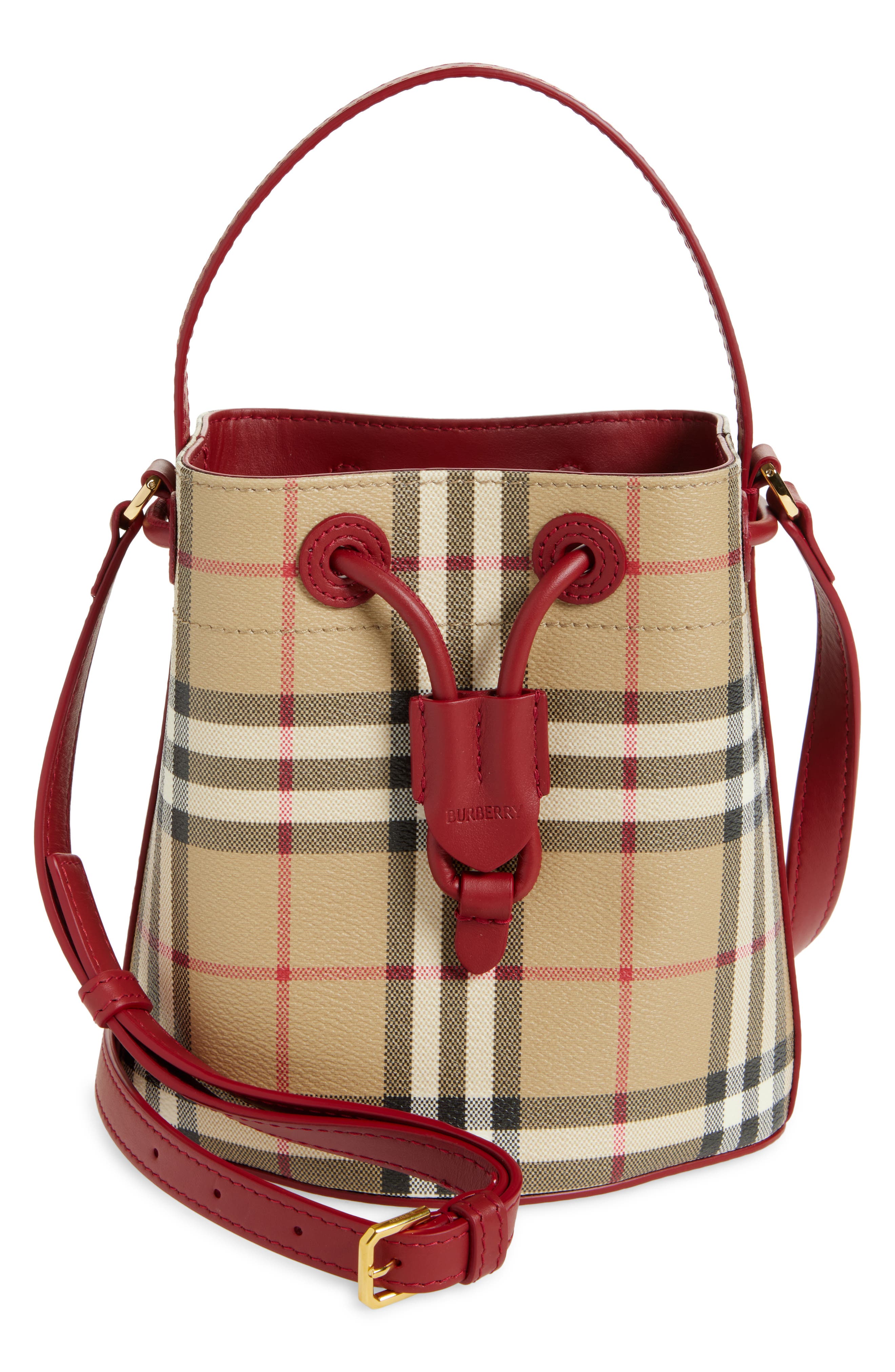 Burberry Mini Check Bucket Bag, Main, color, Archive Beige /Ruby Red