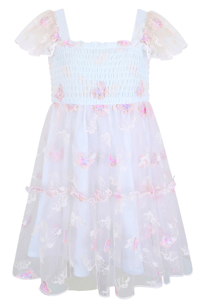 Kids' Smocked Bodice Dimensional Appliqué Party Dress, Alternate, color, PINK/ BLUE