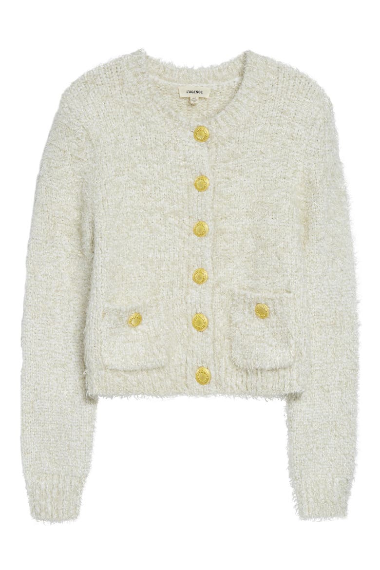 Una Crop Eyelash Tweed Cardigan, Alternate, color, IVORY/ GOLD LUREX MULTI