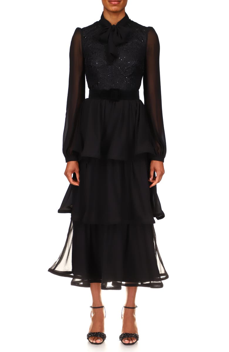 Badgley Mischka Collection Badgley Mischka Long Sleeve Tiered Georgette Cocktail Dress, Main, color, Black