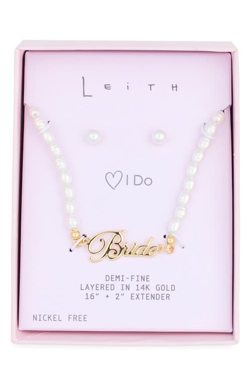 Leith Demi Fine Faux Pearl Stud Earrings & Bride Necklace Set In White- Clear- Gold