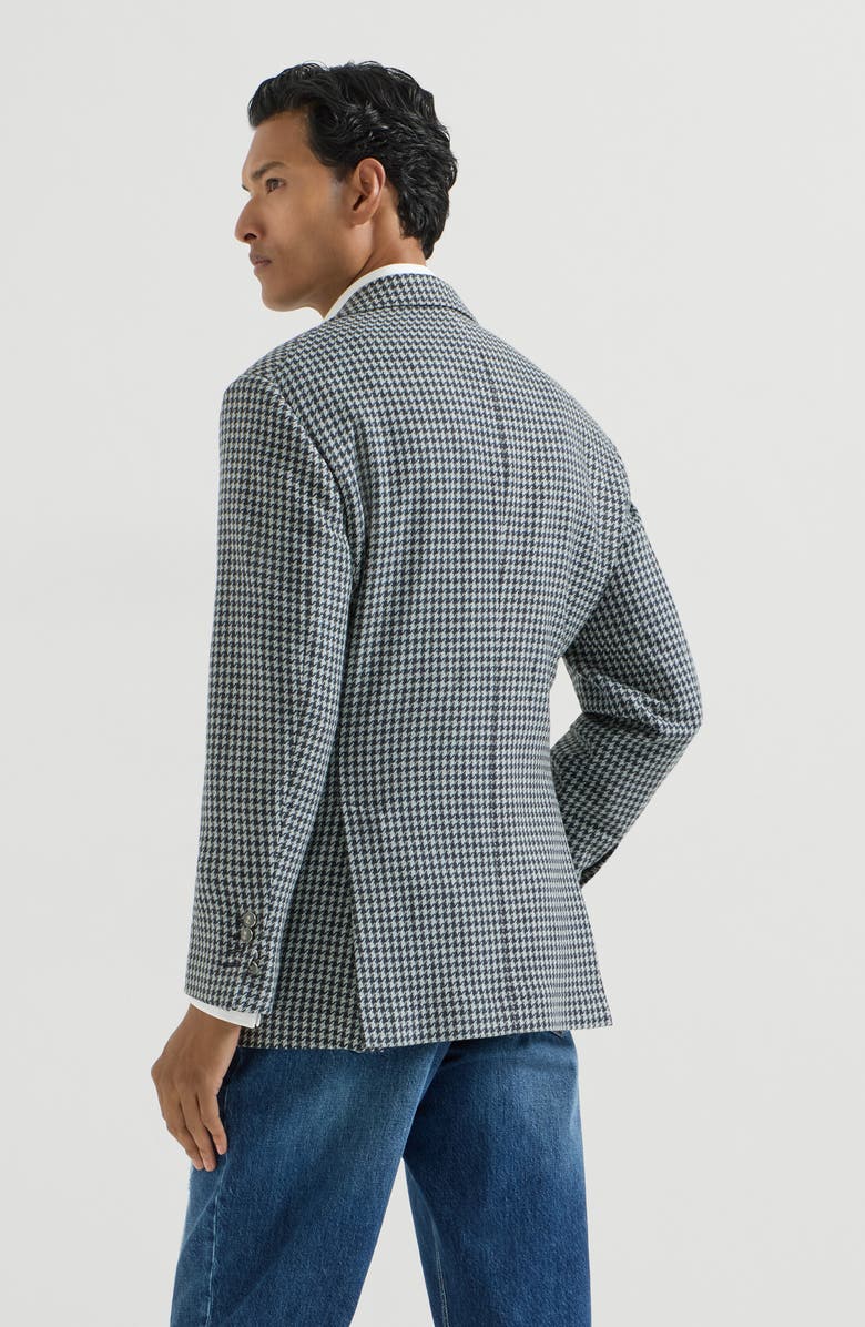 Brunello Cucinelli Cashmere macro houndstooth Tailor blazer with peak lapels and metal buttons, Alternate, color, Navy Blue