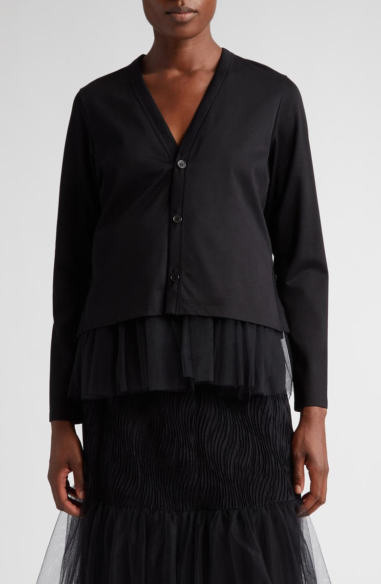 Noir Kei Ninomiya Tulle Detail Cotton Ponté Cardigan, Main, color,