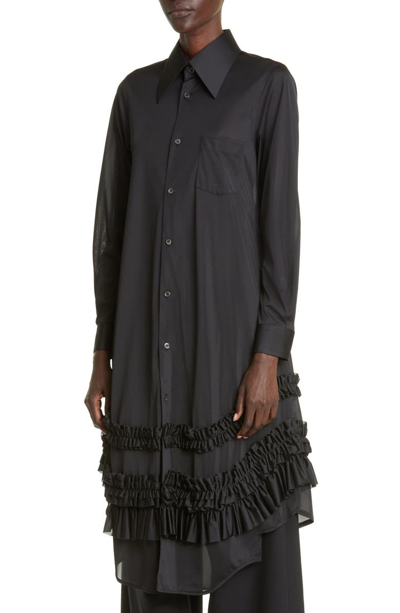 Comme des Garçons Ruffle Trim Long Sleeve High-Low Tricot Shirtdress, Alternate, color,