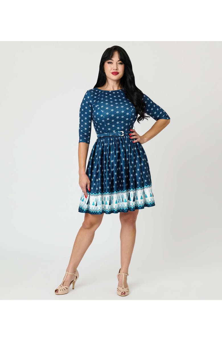 Unique Vintage Boat Neck Belted Stephanie Fit 
Flare Dress, Main, color, Blue