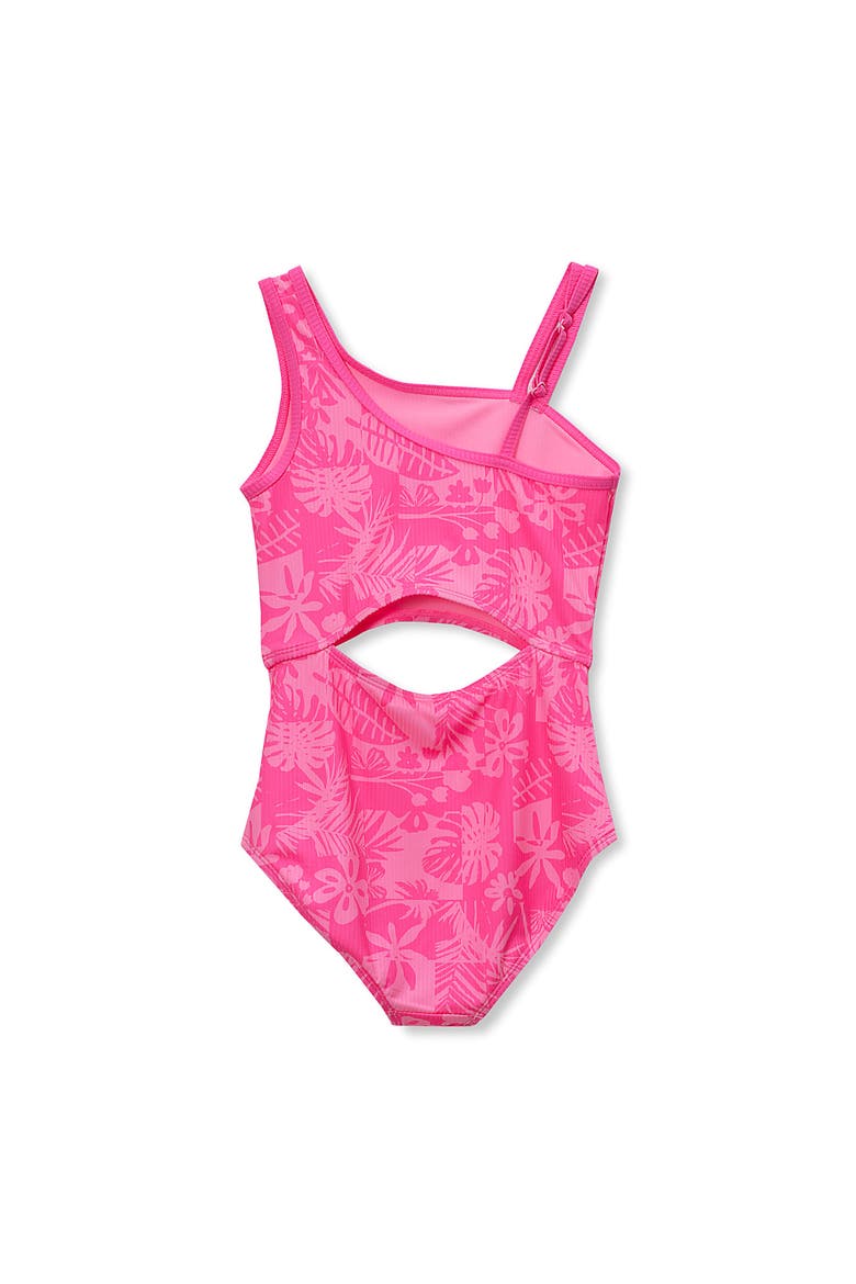 Girls Chlorine Resistant Asymmetrical One Piece Swimsuit, Alternate, color, Pink/Tropical Floral