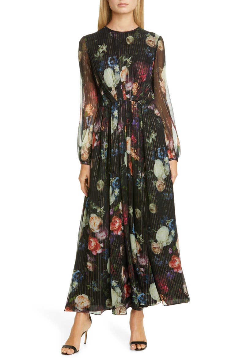 Metallic Floral Long Sleeve Silk Blend Maxi Dress, Main, color, MULTI FLORAL