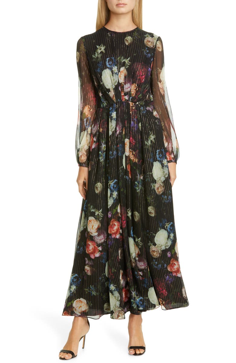 Adam Lippes Metallic Floral Long Sleeve Silk Blend Maxi Dress, Main, color,