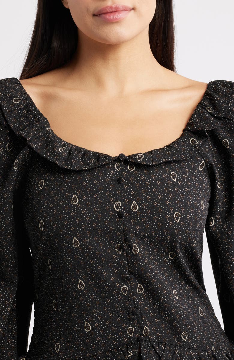 Bobeau Ruffle Trim Crop Button-Up Shirt, Alternate, color, Navy/ Curry Ditsy