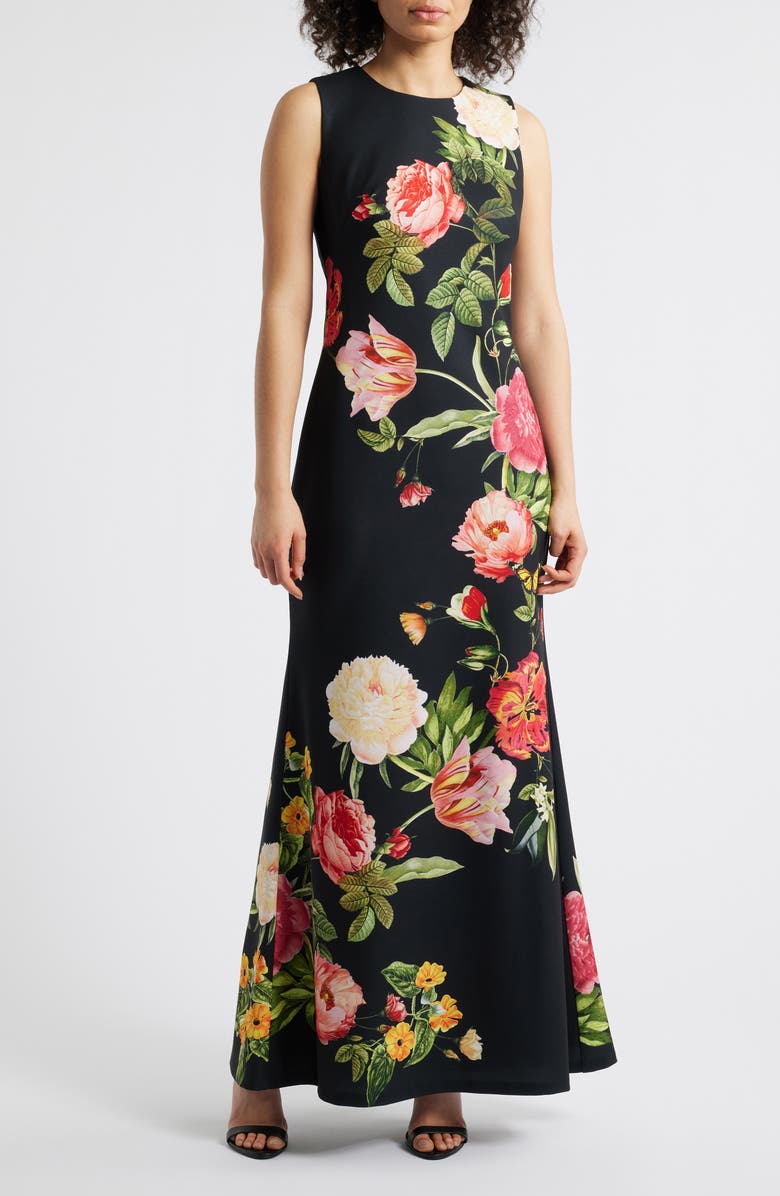 Vince Camuto Floral Sleeveless Mermaid Gown, Main, color, Black Multi