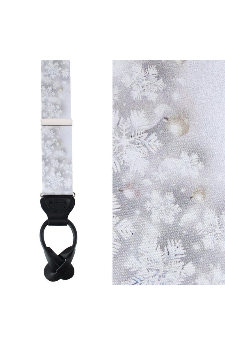 Trafalgar Jack's Frosty Winter Wonderland Silk Holiday Button End Suspenders, Main, color, Silver