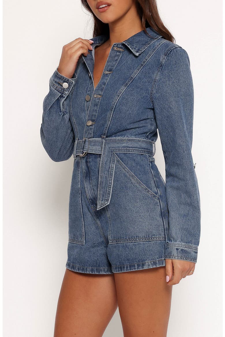 Brady Belted Denim Long Sleeve Romper, Alternate, color, BLUE