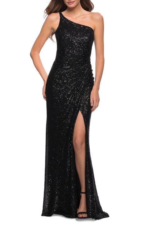 Sequin Gown with One Shoulder Top and Open Back