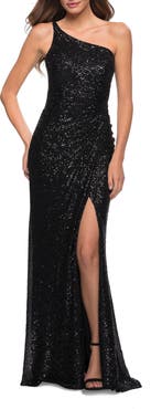 La Femme Sequin Gown with One Shoulder Top and Open Back