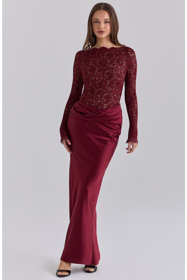 Yasmeen Long Sleeve Lace & Satin Gown, Alternate, color, CABERNET