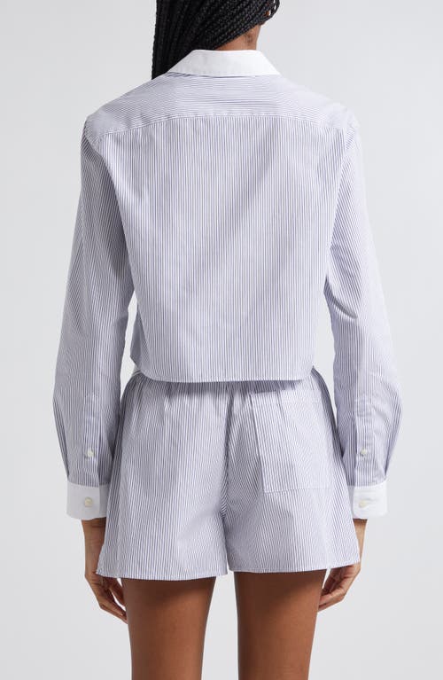 Sporty And Rich Sporty & Rich Src Embroidered Stripe Cotton Crop Button-up Shirt In White/navy Thin Stripe
