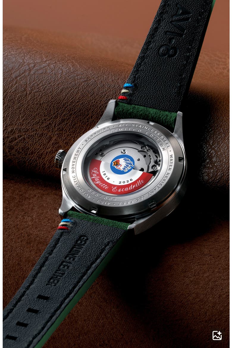 Flyboy Lafayette Automatic 110th Anniversary Limited Edition Leather Strap Watch, 42mm, Alternate, color, GREEN