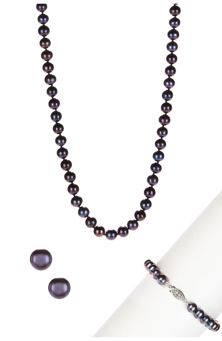 SPLENDID PEARLS 7-8mm Black Cultured Freshwater Pearl Necklace, Bracelet, & Earrings Set, Main, color,