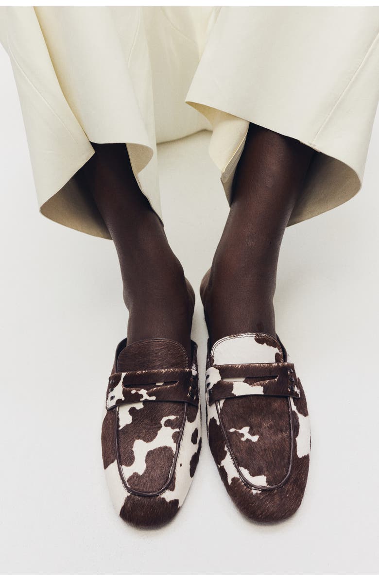 H&M Leather Loafer Mules, Alternate, color, Dark Brown/Cowhide Print