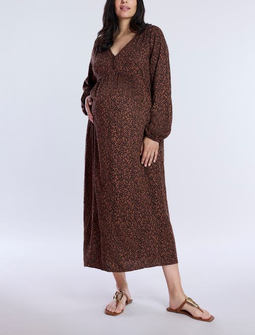Motherhood Maternity Long Sleeve Button Front Maternity Midi Dress In Brown Animal