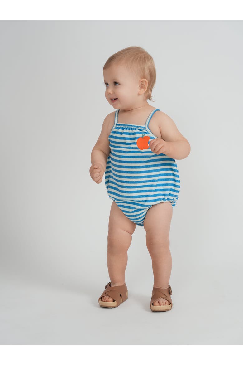 Terry Peach Striped Embroidered Artwork Elastic Leg Romper, Alternate, color, Blue