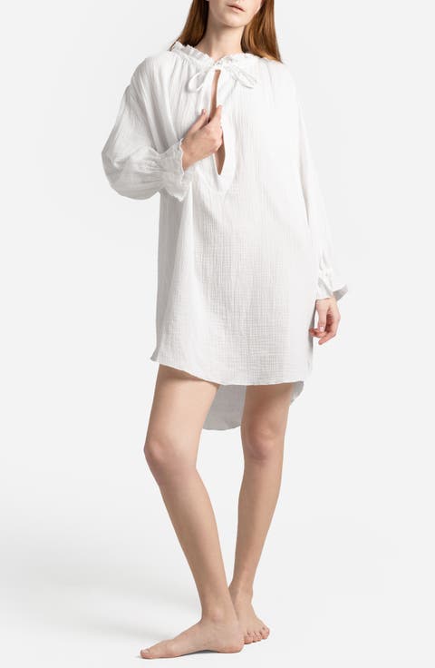 Ruffle Long Sleeve Cotton Muslin Chemise
