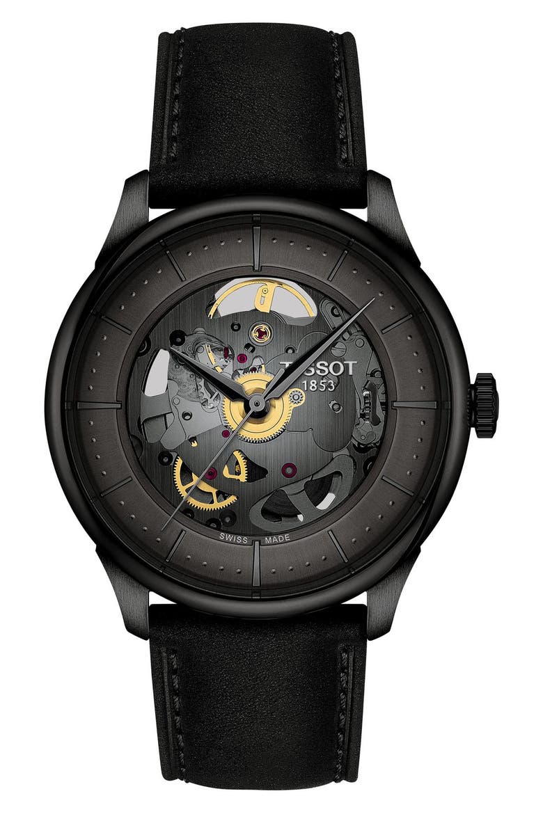 Chemin des Tourelles Leather Strap Watch, 39mm, Main, color, GUN
