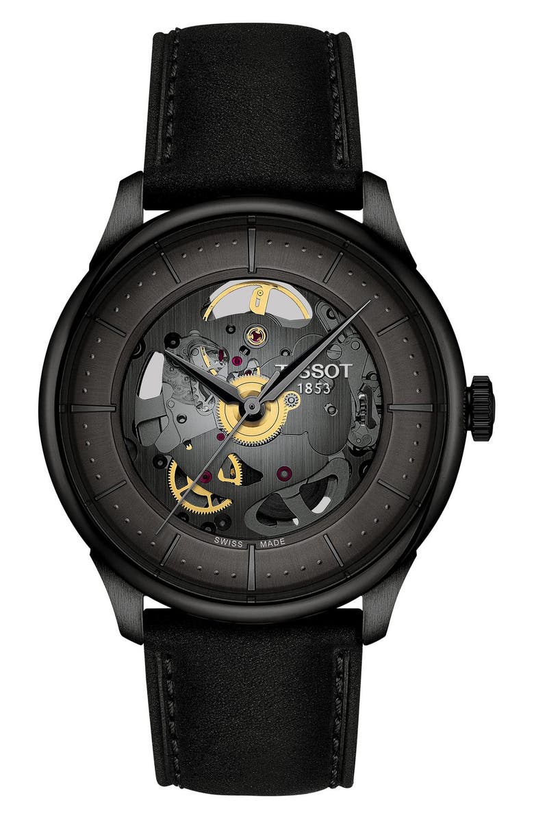 Tissot Chemin des Tourelles Leather Strap Watch, 39mm, Main, color, Gun