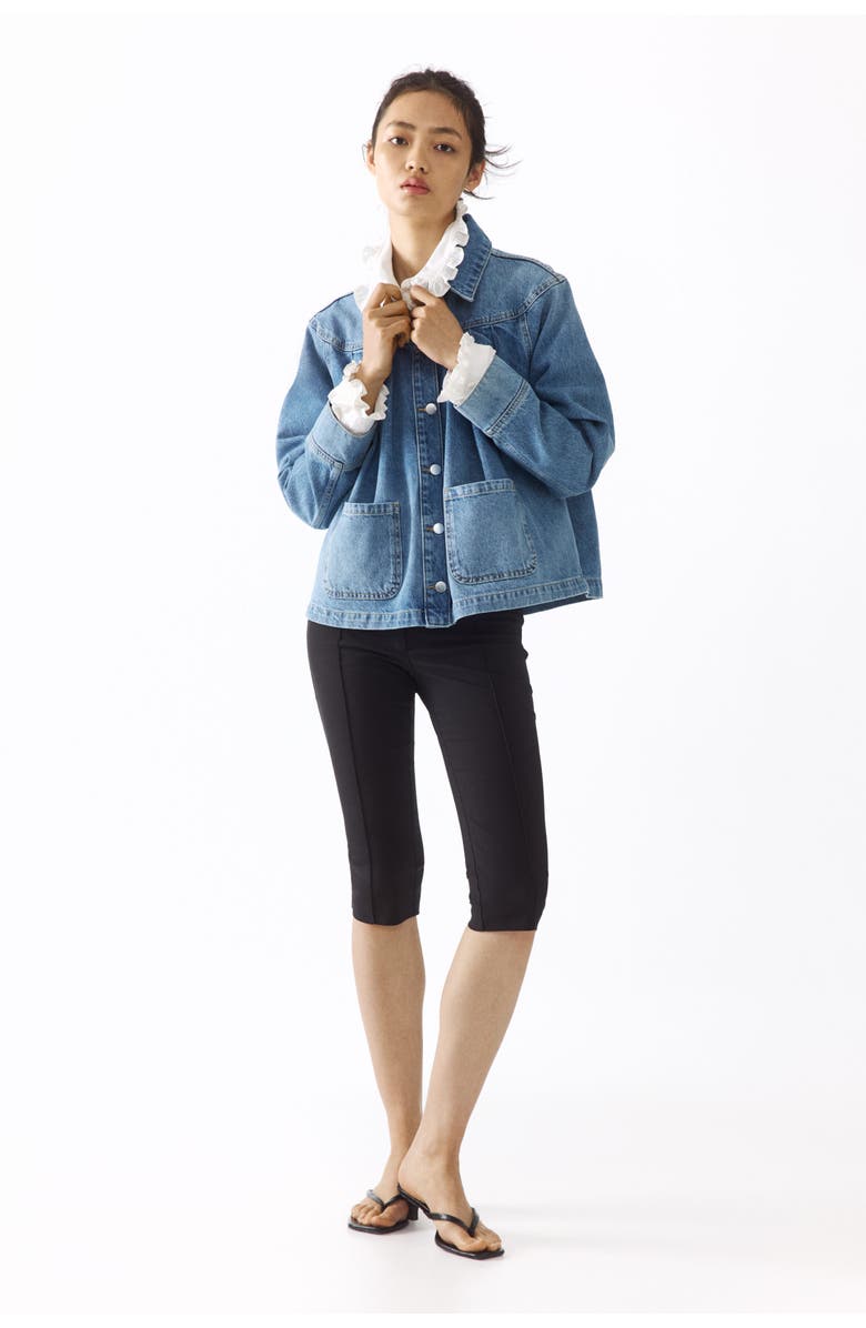 H&M Oversized Pleated Denim Jacket, Alternate, color, Light Denim Blue
