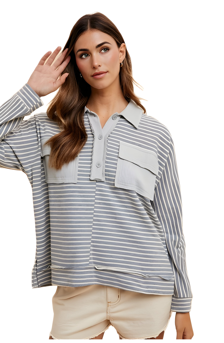 Knit and Lounge Striped Button Top with Patch Pockets and Contrast Yoke Panel, Alternate, color, Blue / White