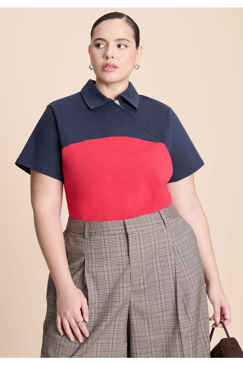 Asym Zipper Neck Polo Shirt, Alternate, color, RED AND NAVY
