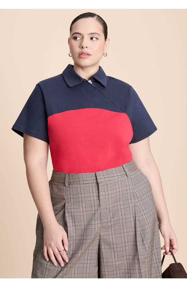 ELOQUII Asym Zipper Neck Polo Shirt, Alternate, color, Red And Navy