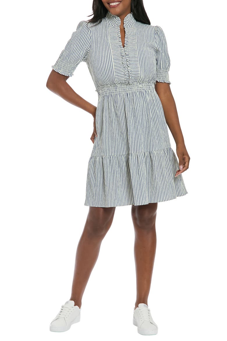 Stripe Ruffle Neck Puff Shoulder A-Line Minidress, Main, color, CREAM/ NAVY