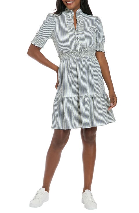 Stripe Ruffle Neck Puff Shoulder A-Line Minidress (Petite)