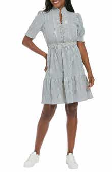 London Times Stripe Ruffle Neck Puff Shoulder A-Line Minidress