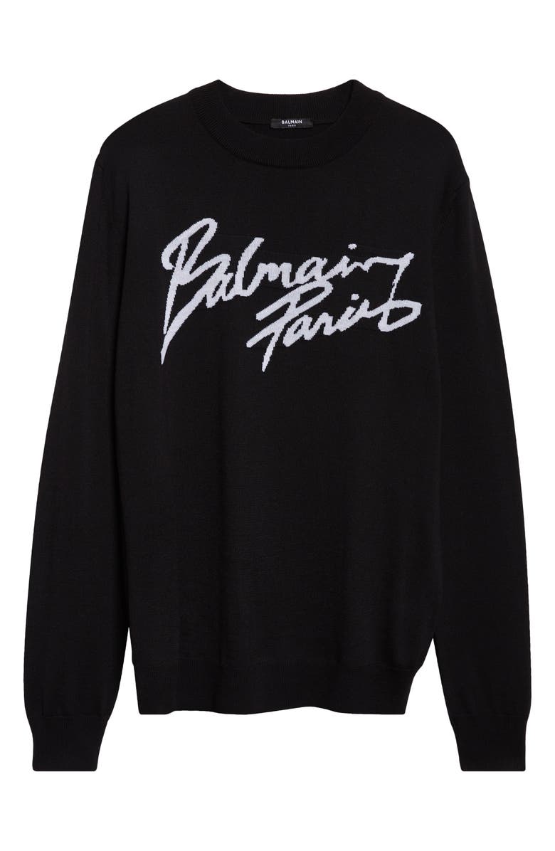 Balmain Paris Logo Intarsia Merino Wool Blend Sweater, Main, color, Black/ White