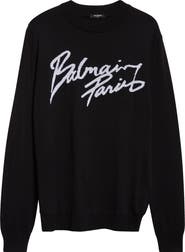 Balmain Paris Logo Intarsia Merino Wool Blend Sweater