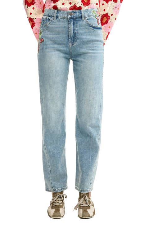 Floral Embroidery Slim Fit Jeans