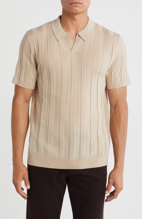 Rib Short Sleeve Merino Wool & Silk Johnny Collar Sweater