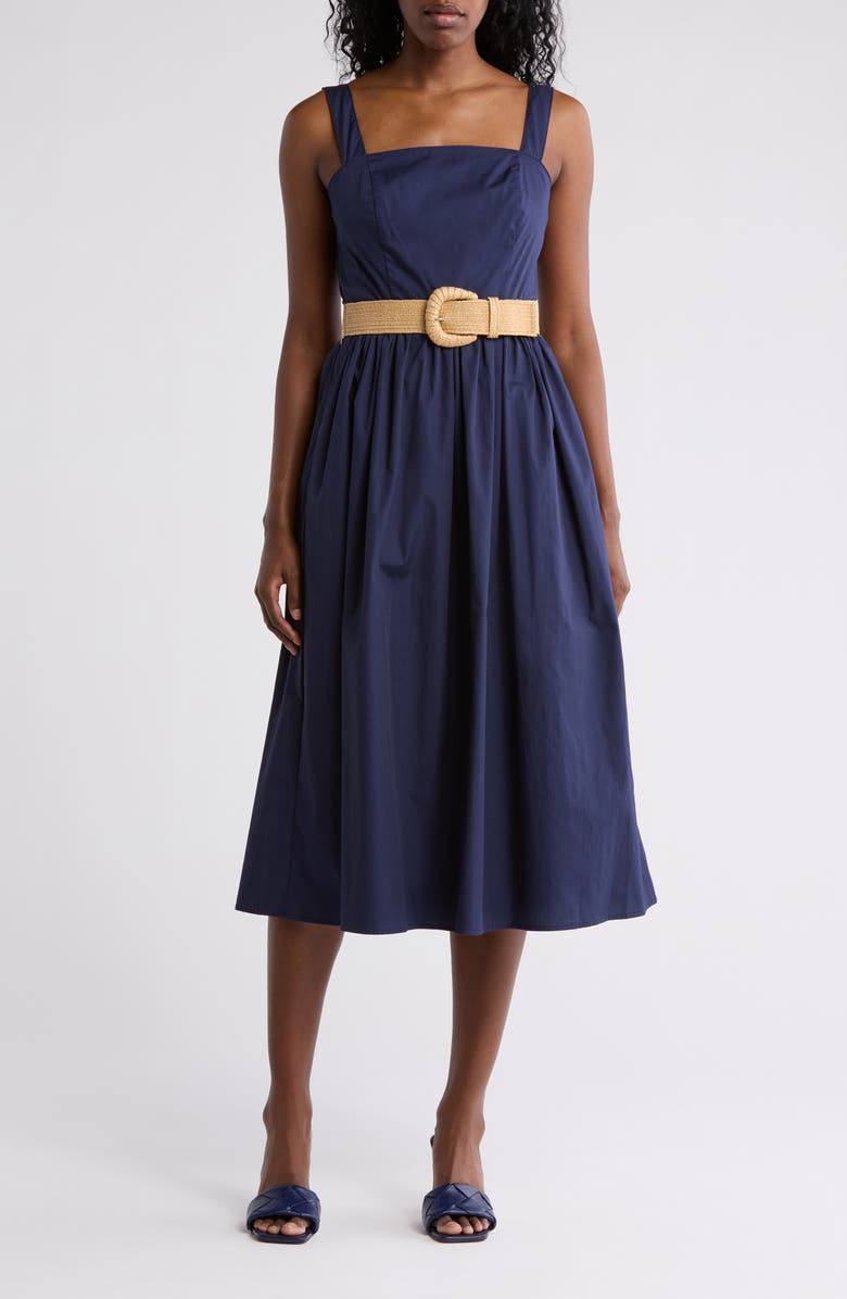 Eliza J Square Neck Belted Cotton Sundress, Main, color, Navy