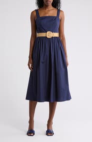 Eliza J Square Neck Belted Cotton Sundress