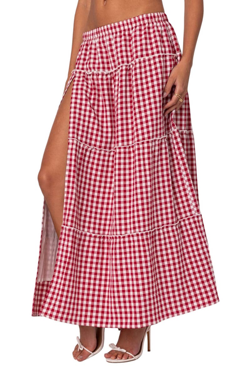 Gingham Tiered Maxi Skirt, Alternate, color, RED