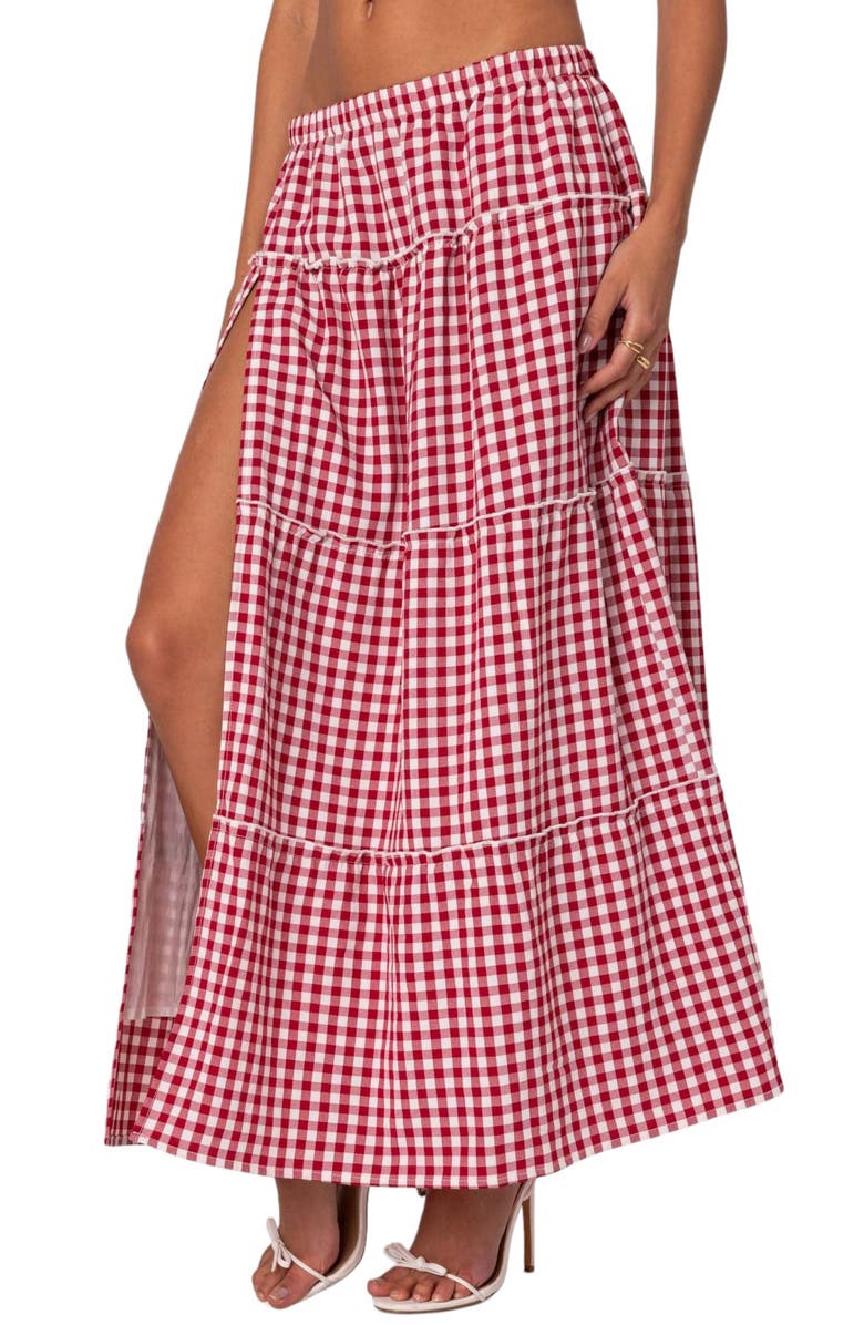 EDIKTED Gingham Tiered Maxi Skirt, Alternate, color, Red